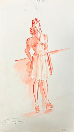 1950’s Fashion Illustration Original Painting Of A Stylish Lady Painted In Red 