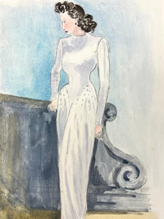 1950’s Fashion Illustration Original Painting Of The Artist In A White Dress