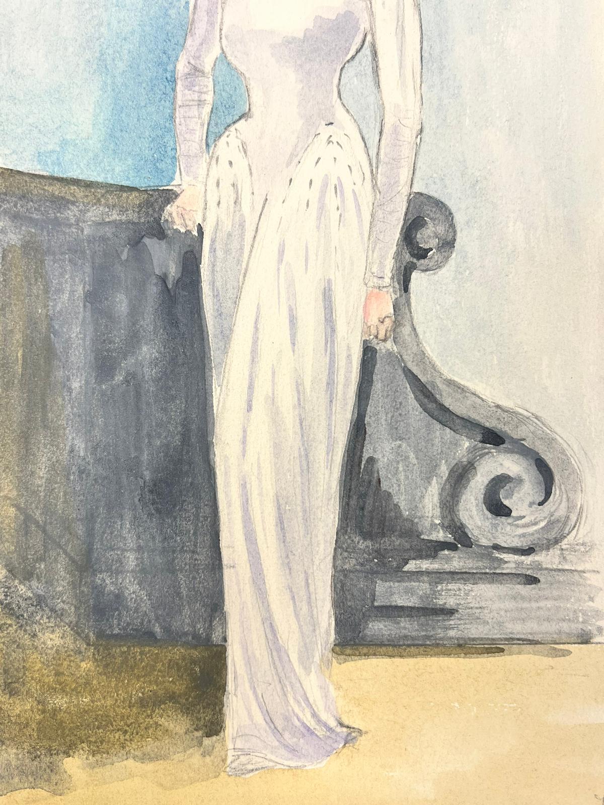 1950’s Fashion Illustration Original Painting Of The Artist In A White Dress For Sale 2