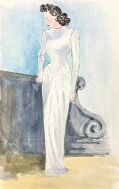 1950’s Fashion Illustration Original Painting Of The Artist In A White Dress