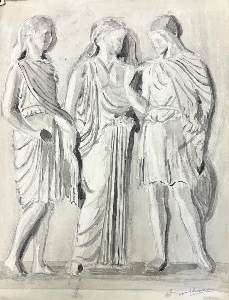 Josine Vignon Portrait Painting - 1950’s Fashion Illustration Original Painting Of Three Figures In Robes