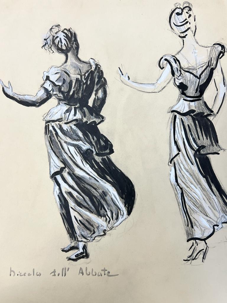 Illustration de mode des années 1950 Peinture originale de deux dames chic dansant - Painting de Josine Vignon