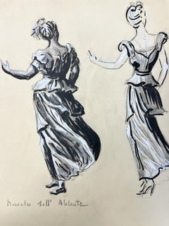1950’s Fashion Illustration Original Painting Of Two Chic Ladies Dancing