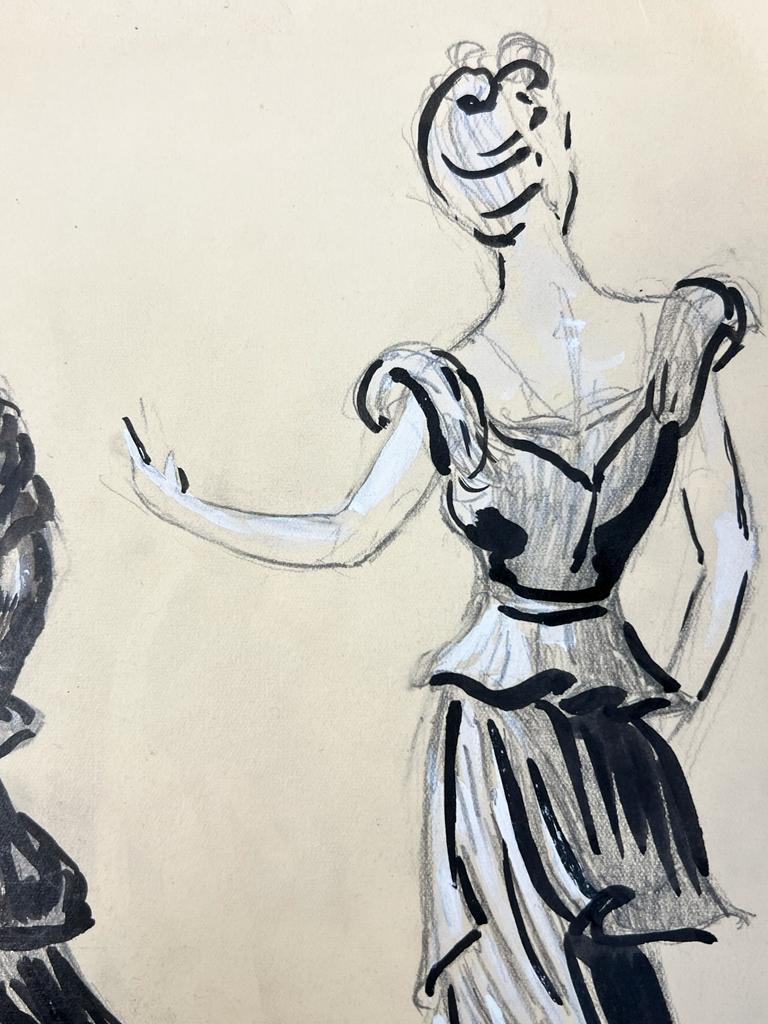 Illustrazione di moda degli anni '50 Pittura originale di due signore eleganti che ballano - Portrait Painting Beige di Josine Vignon