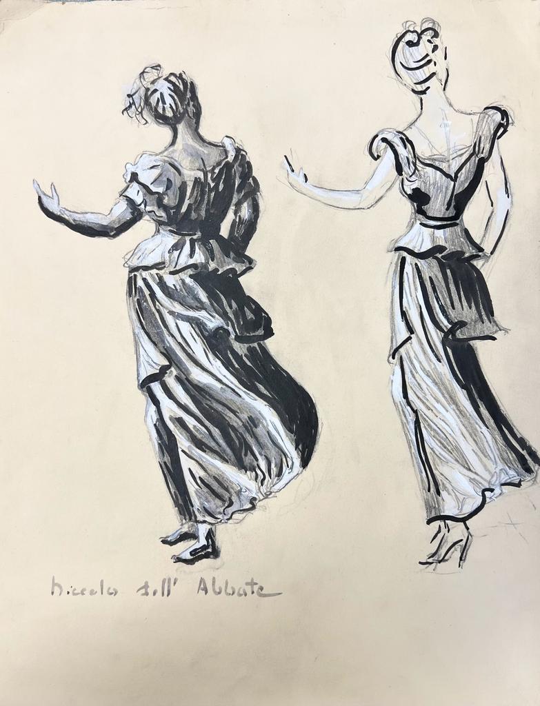 Illustrazione di moda degli anni '50 Pittura originale di due signore eleganti che ballano