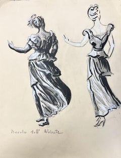 1950’s Fashion Illustration Original Painting Of Two Chic Ladies Dancing