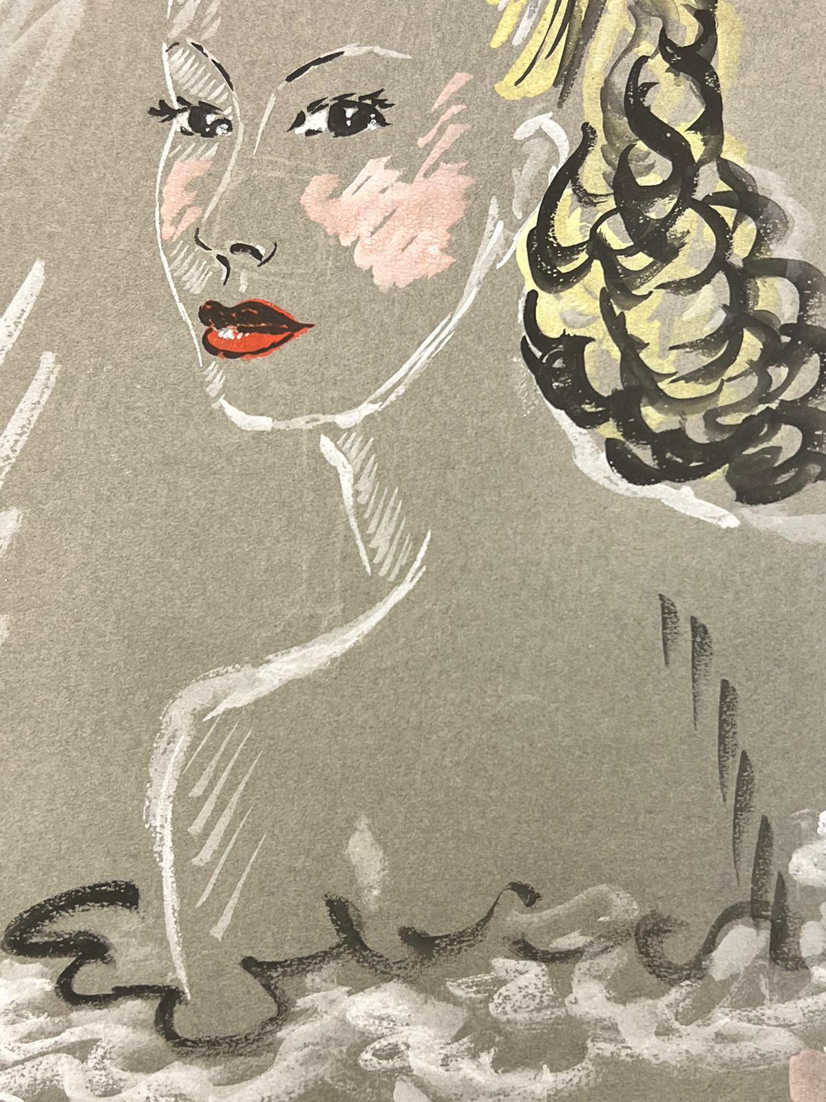 1950’s Fashion Illustration Original Portrait Of A Blonde Curly Haired Lady  - Painting by Josine Vignon
