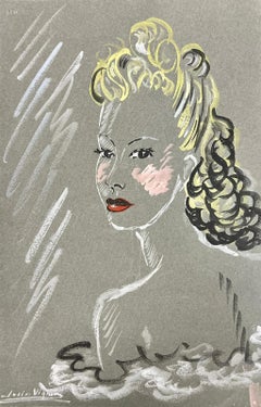 1950’s Fashion Illustration Original Portrait Of A Blonde Curly Haired Lady 