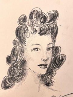 1950’s Fashion Illustration Original Portrait Of A Lady With Black Curly Hair
