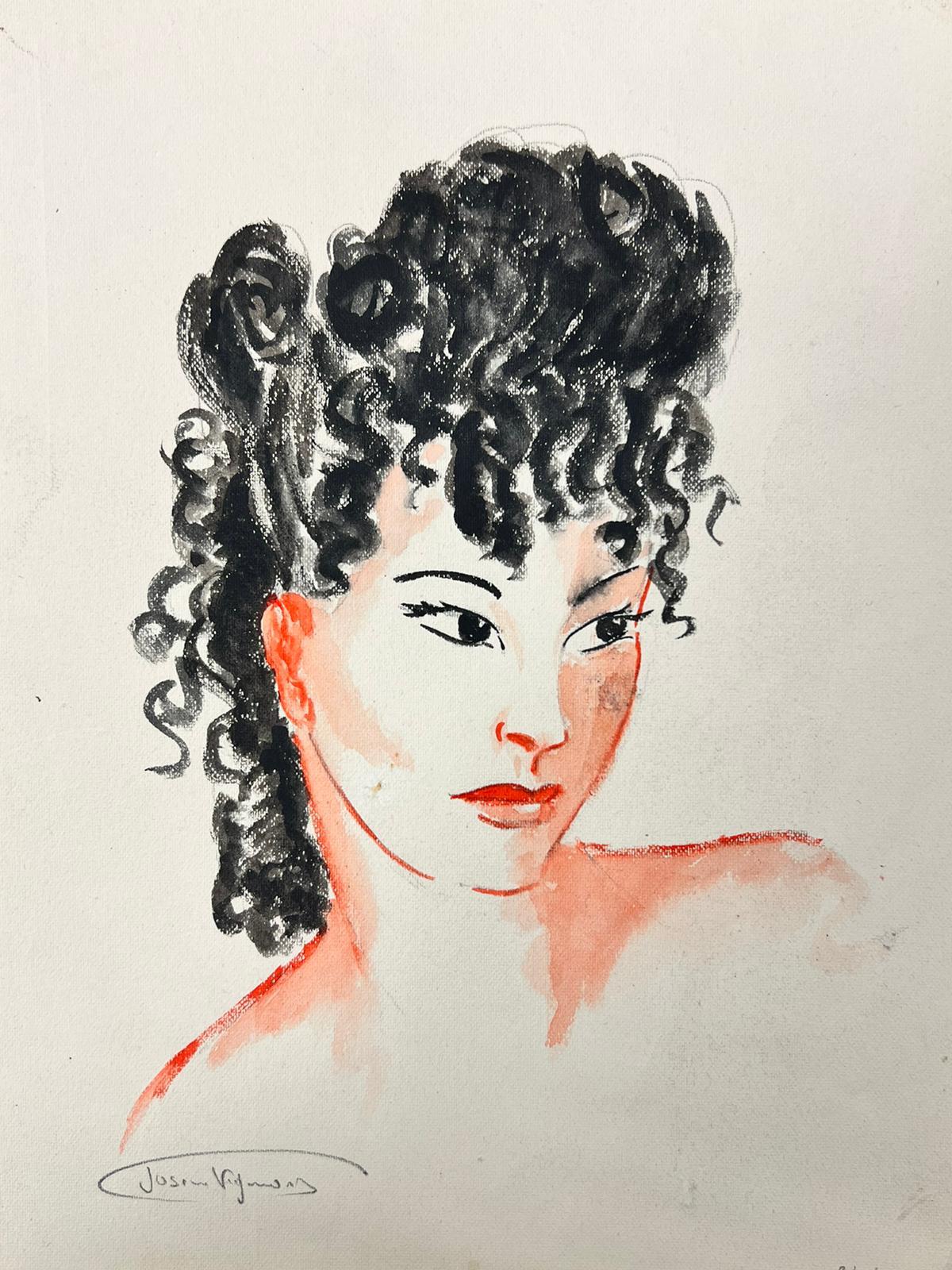 1950’s Fashion Illustration Original Portrait Of A Lady With Black Curly Hair - Painting by Josine Vignon