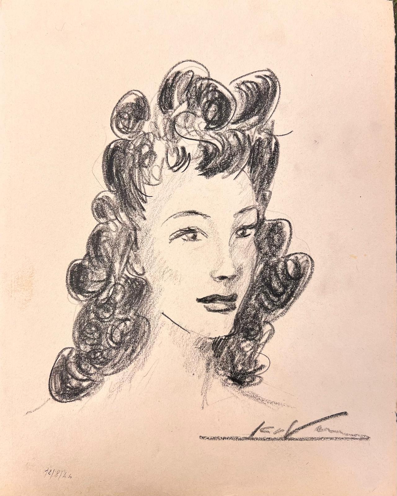 1950’s Fashion Illustration Original Portrait Of A Lady With Black Curly Hair