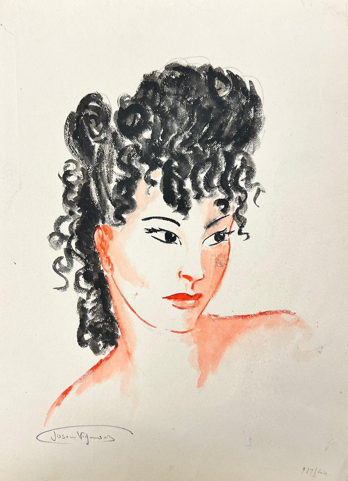 1950’s Fashion Illustration Original Portrait Of A Lady With Black Curly Hair