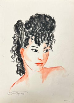 1950's Fashion Illustration Original Porträt einer Dame mit schwarzen lockigen Haaren