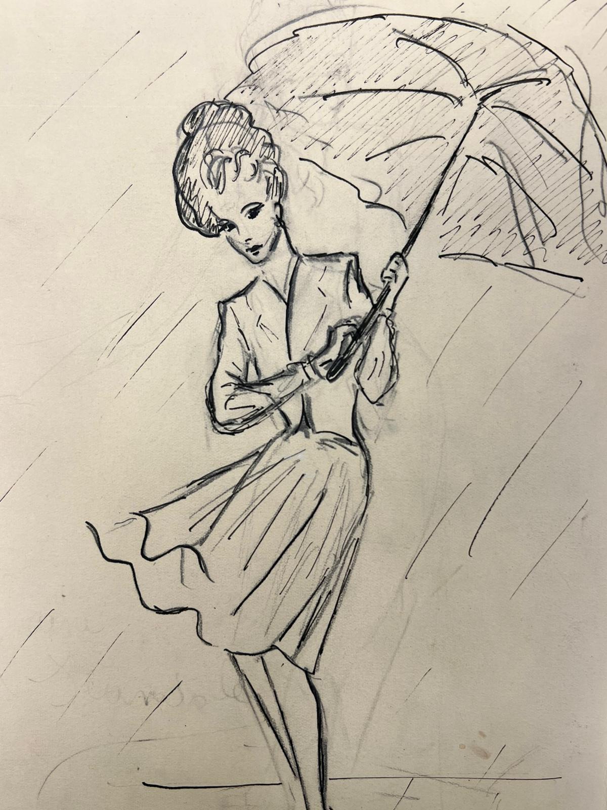 1950’s Fashion Illustration Painting Of A Chic Lady With Shielding The Rain For Sale 1