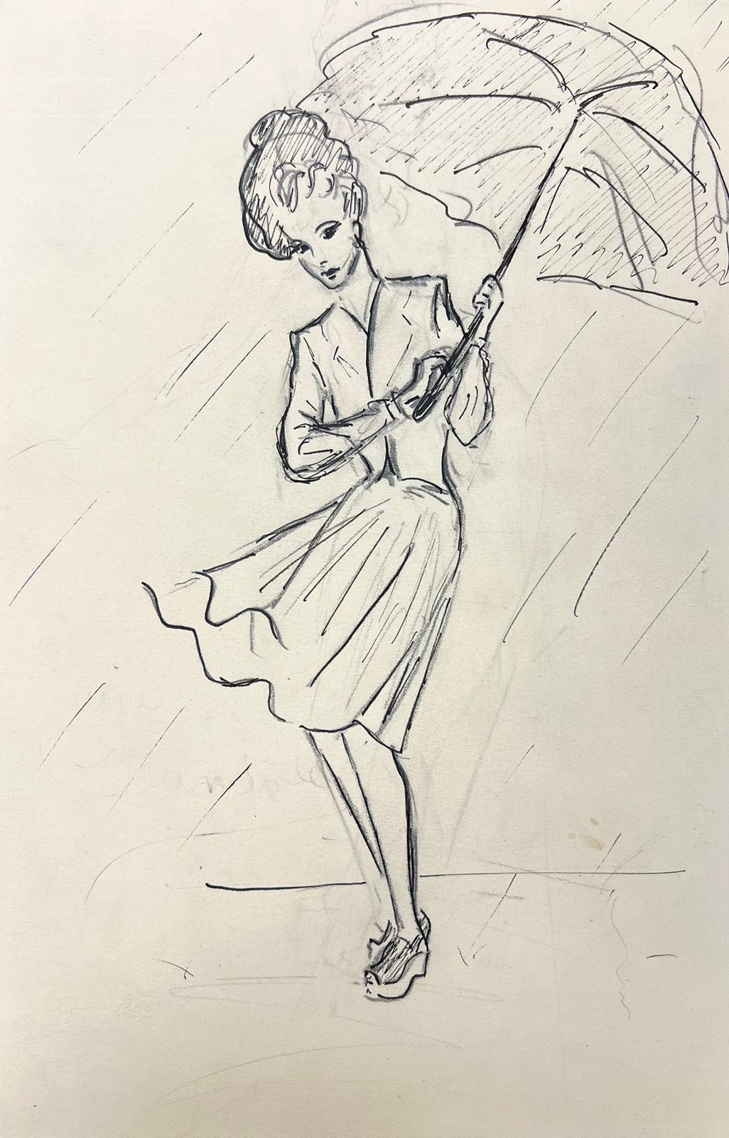 Josine Vignon Portrait Painting - 1950’s Fashion Illustration Painting Of A Chic Lady With Shielding The Rain