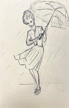 1950’s Fashion Illustration Painting Of A Chic Lady With Shielding The Rain