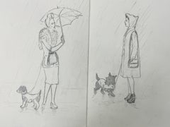 1950’s Fashion Illustration Painting Of Mother & Child Walking In The Puddles