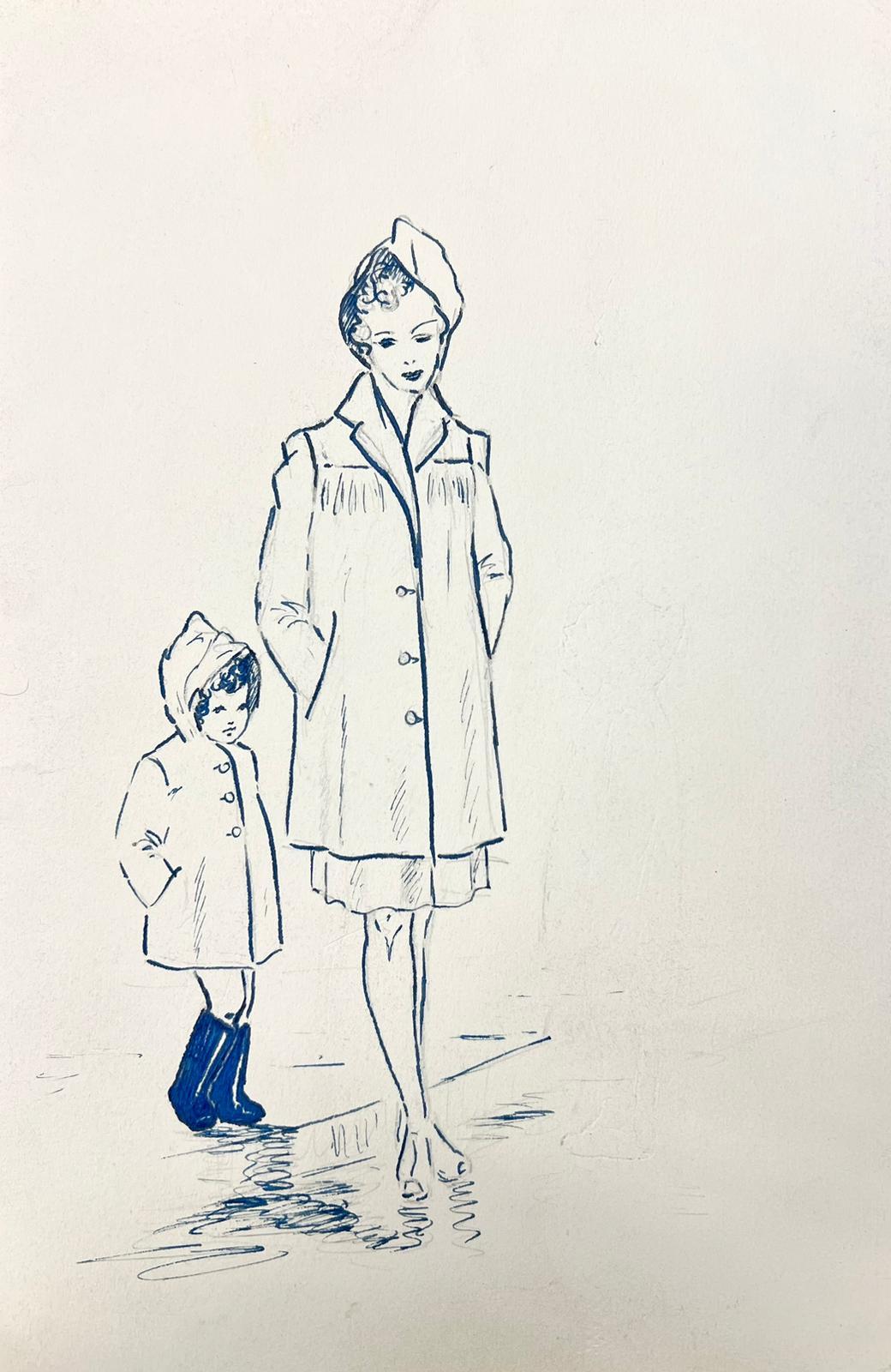 1950’s Fashion Illustration Painting Of Mother & Child Walking In The Puddles