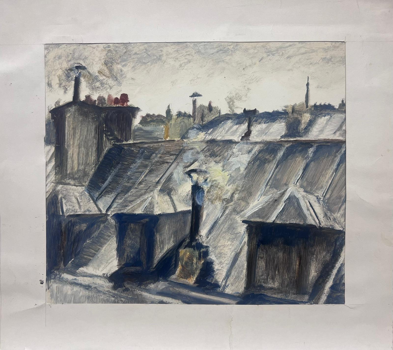 1950er Jahre Französisch Atmosphärische Dachszene mit Schornsteinen Impressionistische Malerei – Painting von Josine Vignon