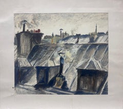 1950s French Atmospheric Rooftop Scene with Smokestacks Impressionistic Painting