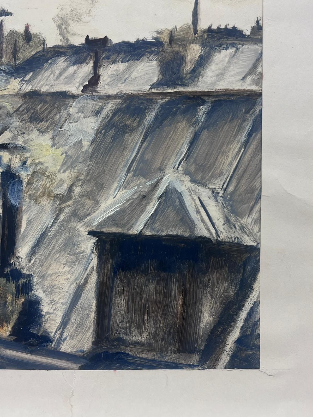 1950er Jahre Französisch Atmosphärische Dachszene mit Schornsteinen Impressionistische Malerei (Impressionismus), Painting, von Josine Vignon
