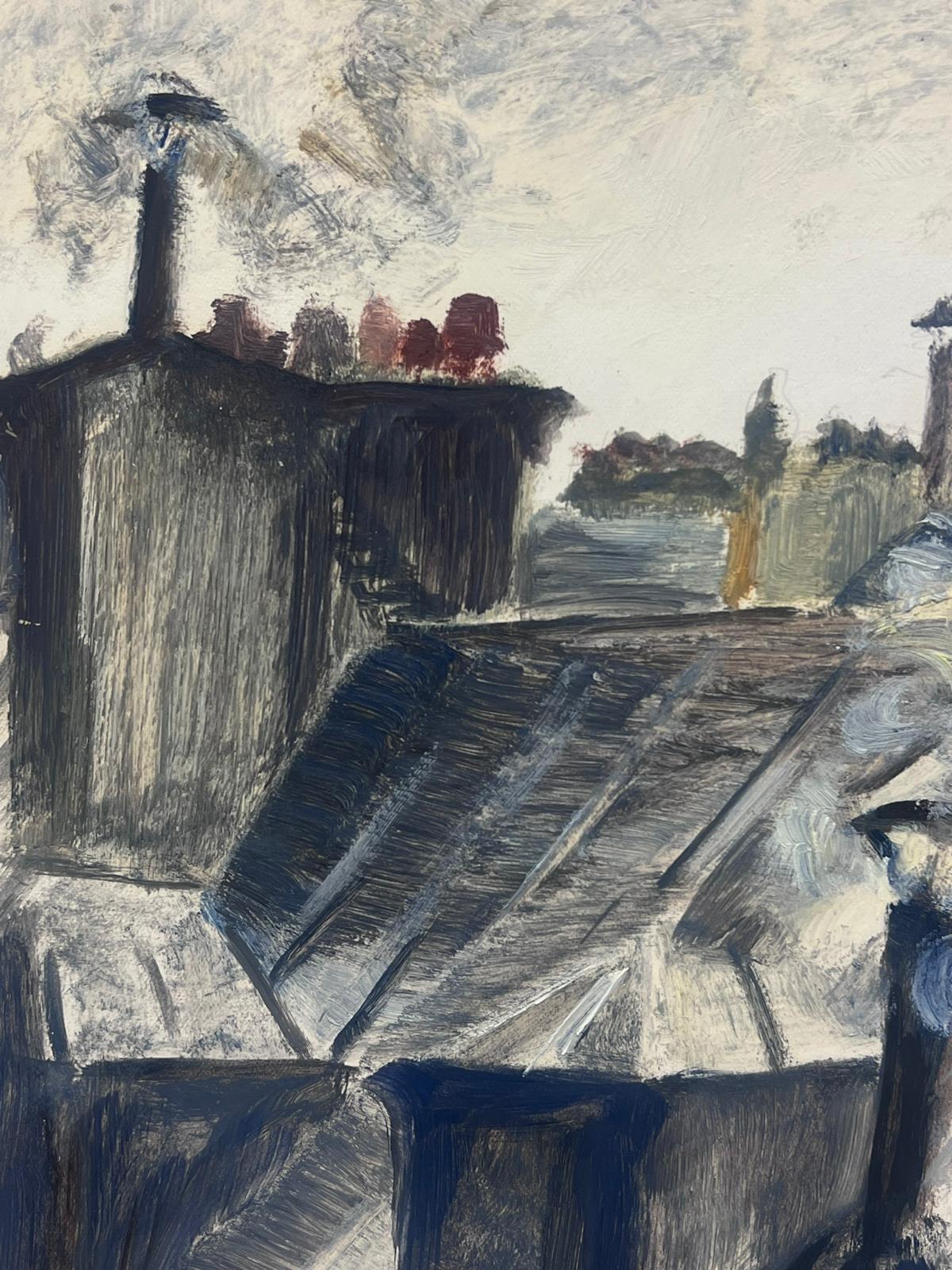 1950er Jahre Französisch Atmosphärische Dachszene mit Schornsteinen Impressionistische Malerei (Grau), Landscape Painting, von Josine Vignon