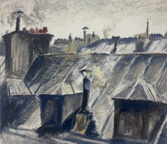 1950s French Atmospheric Rooftop Scene with Smokestacks Impressionistic Painting