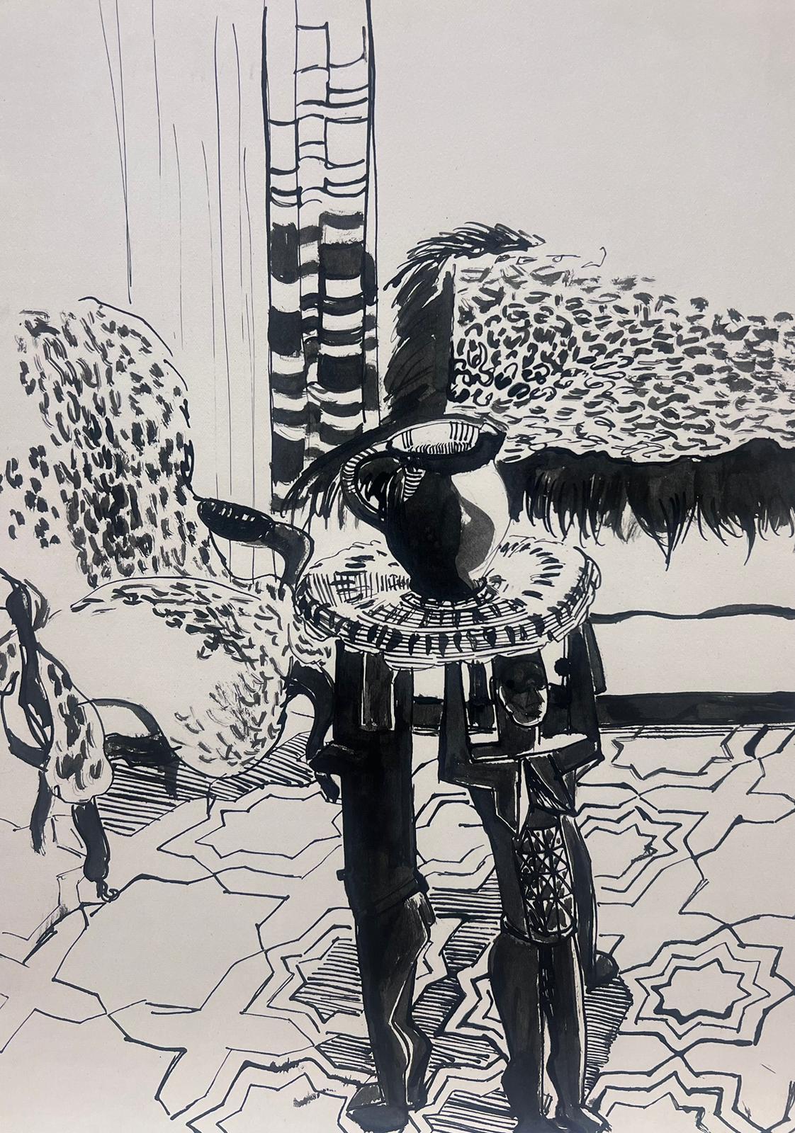 1950er Jahre Französisch Bold Mitte des Jahrhunderts Tinte Zeichnung einer dekorativen Innenszene – Painting von Josine Vignon