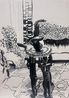 1950s French Bold Mid-Century Ink Drawing of a Decorative Interior Scene
