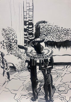 1950s French Bold Mid-Century Ink Drawing of a Decorative Interior Scene (Dessin à l'encre d'une scène d'intérieur décorative)