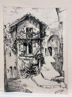 Croquis au fusain d'une cour européenne rustique, datant des années 1950, d'un charme français