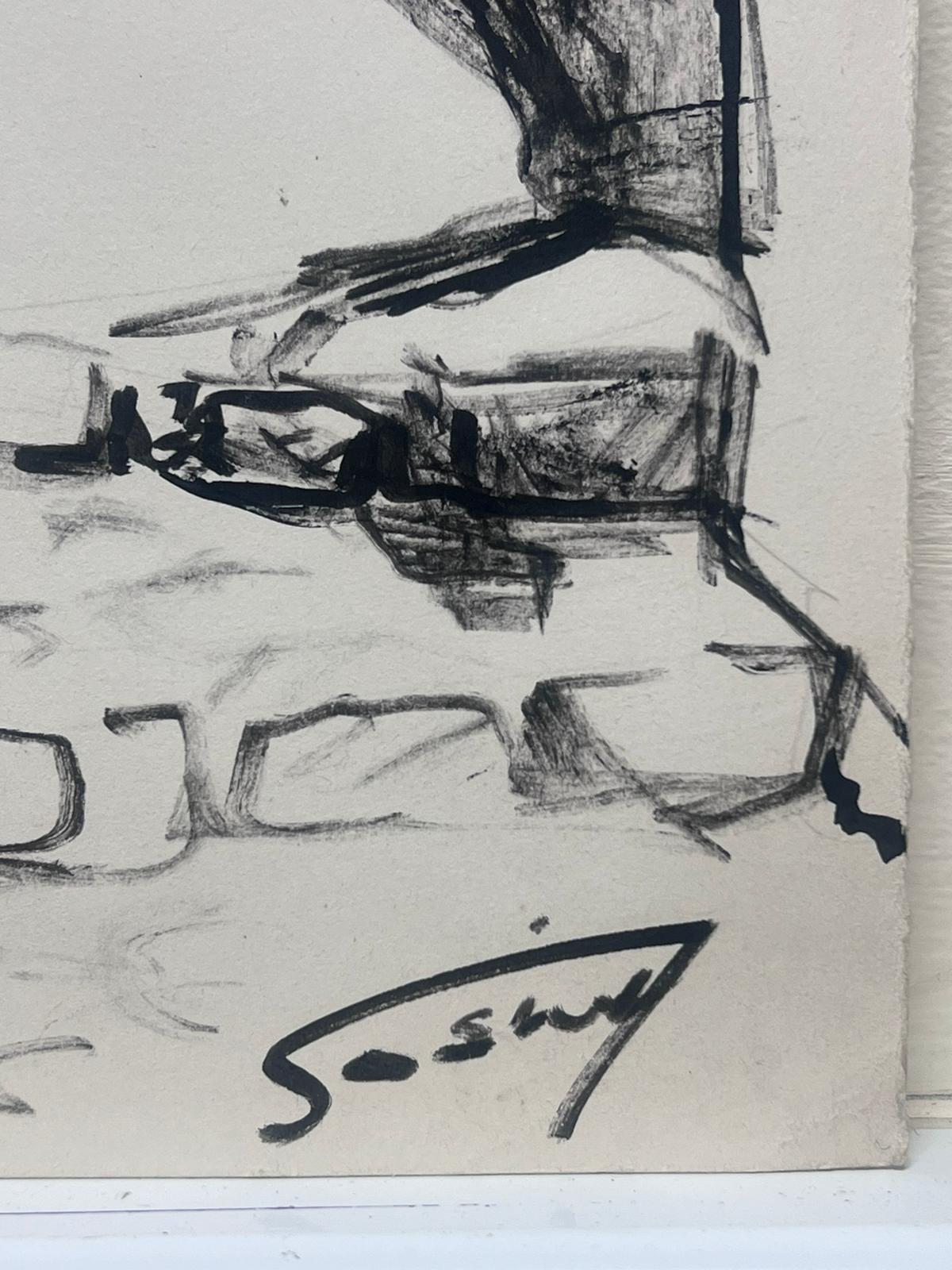1950 Francese Affascinante schizzo a carboncino di un cortile rustico europeo in vendita 1