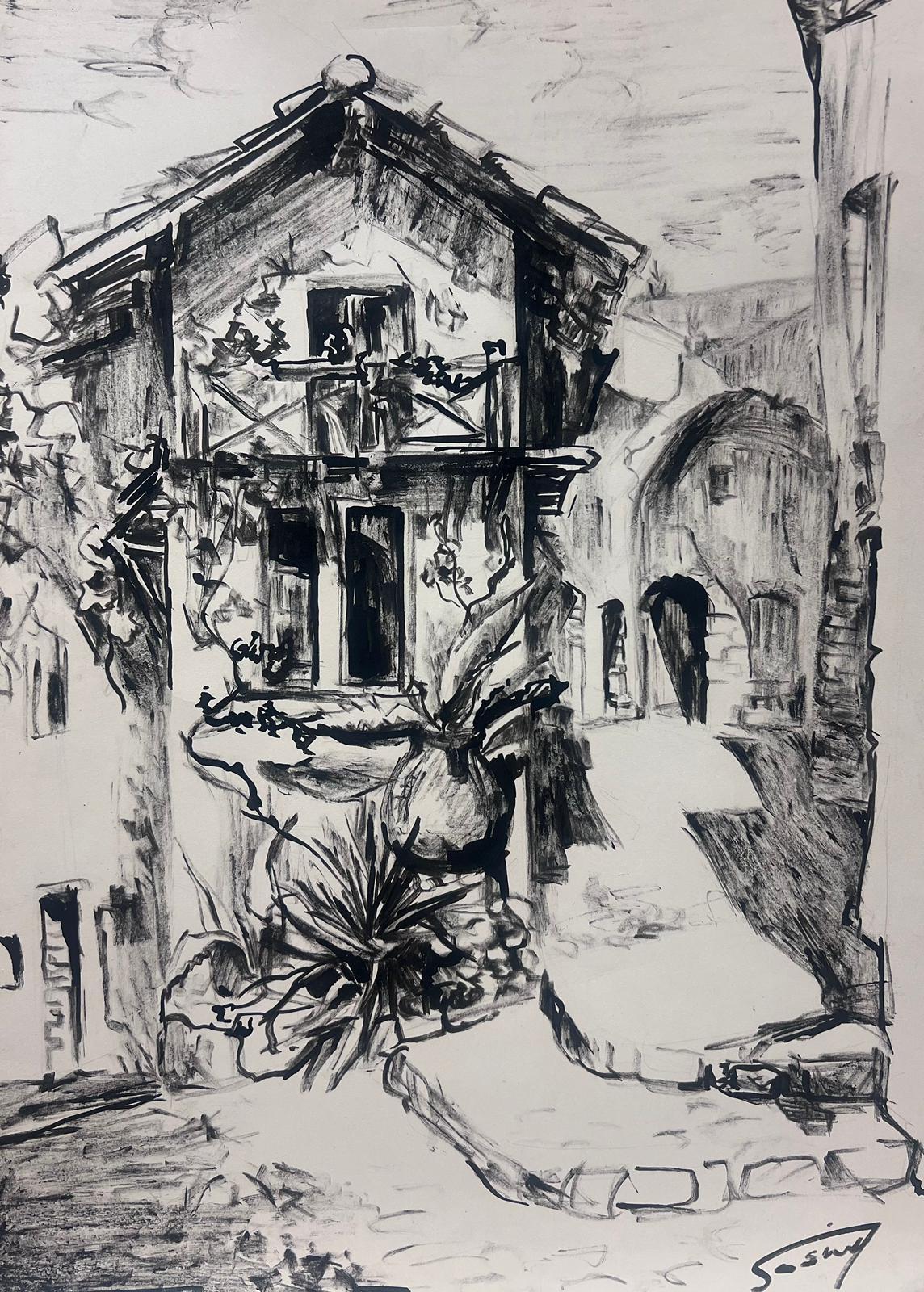 Landscape Painting di Josine Vignon - 1950 Francese Affascinante schizzo a carboncino di un cortile rustico europeo