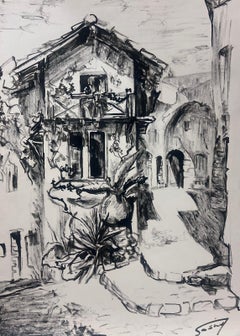 Dibujo a carboncillo con encanto francés de los años 50 de un patio rústico europeo