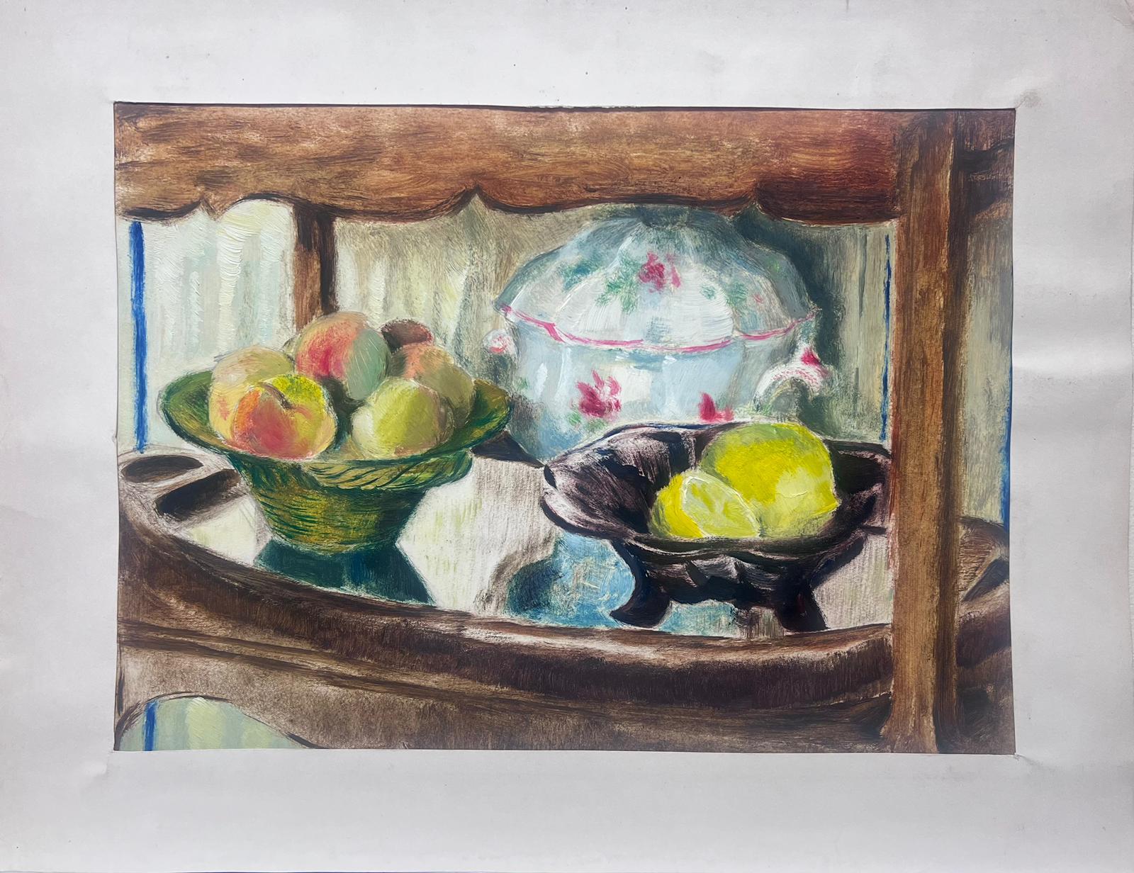 1950s French Charming Still Life of Fruit and China on a Shelved Display - Painting by Josine Vignon