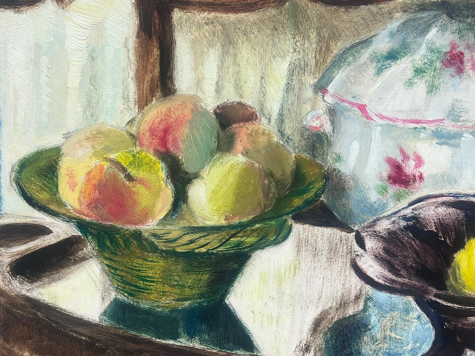 1950s French Charming Still Life of Fruit and China on a Shelved Display - Brown Still-Life Painting by Josine Vignon
