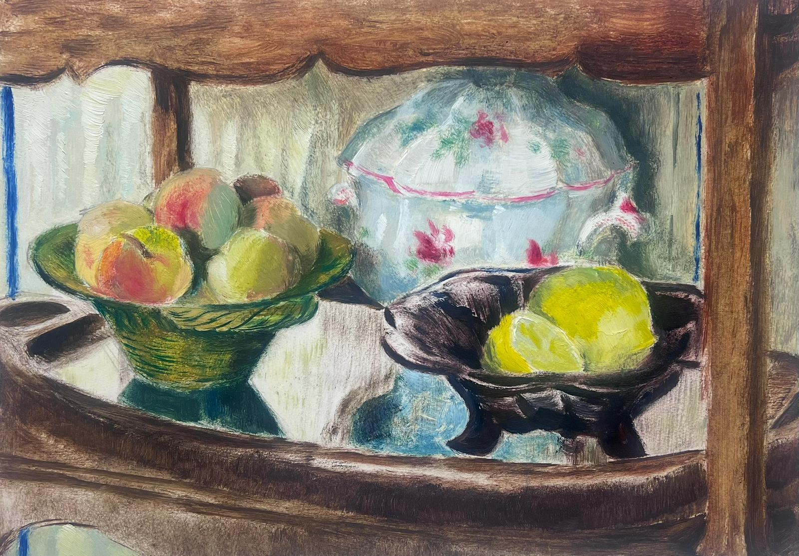 Josine Vignon Still-Life Painting - 1950s French Charming Still Life of Fruit and China on a Shelved Display