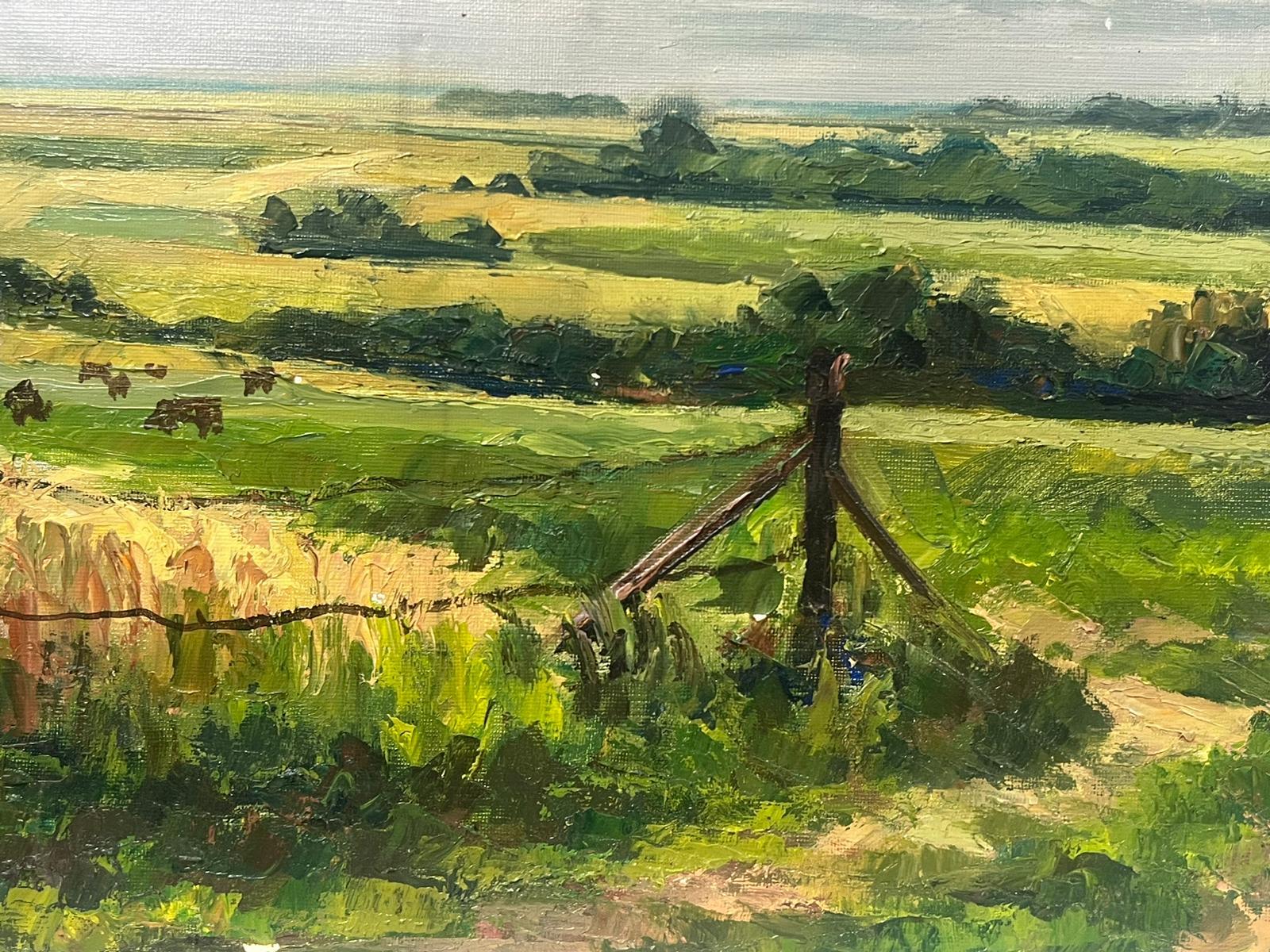 1950s French Cows Munching In Summer Green Field Oil Landscape For Sale 1