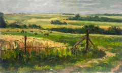 1950s French Cows Munching In Summer Green Field Oil Landscape (vaches en train de manger en été dans un champ vert)