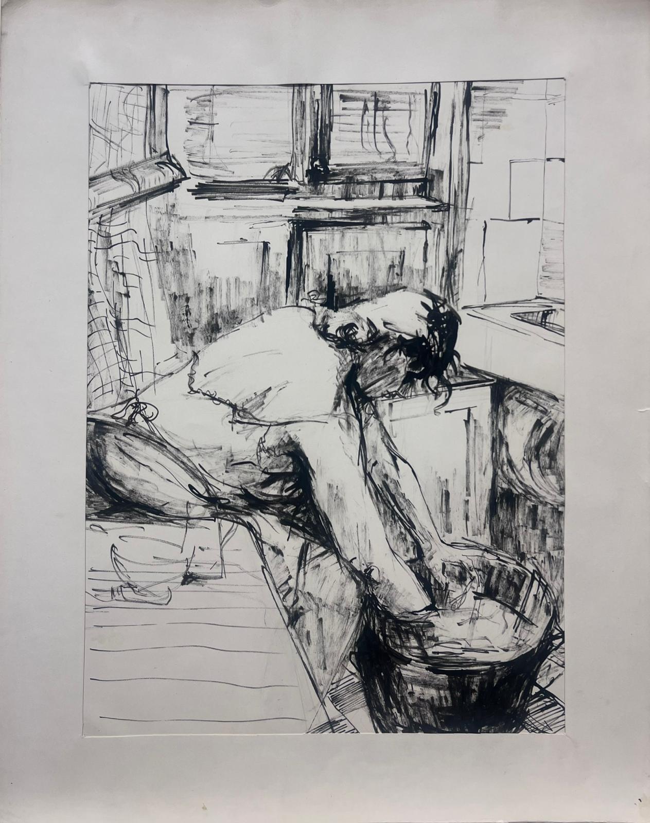 Dessin à l'encre français expressif des années 1950 représentant une femme au travail dans une scène domestique - Painting de Josine Vignon