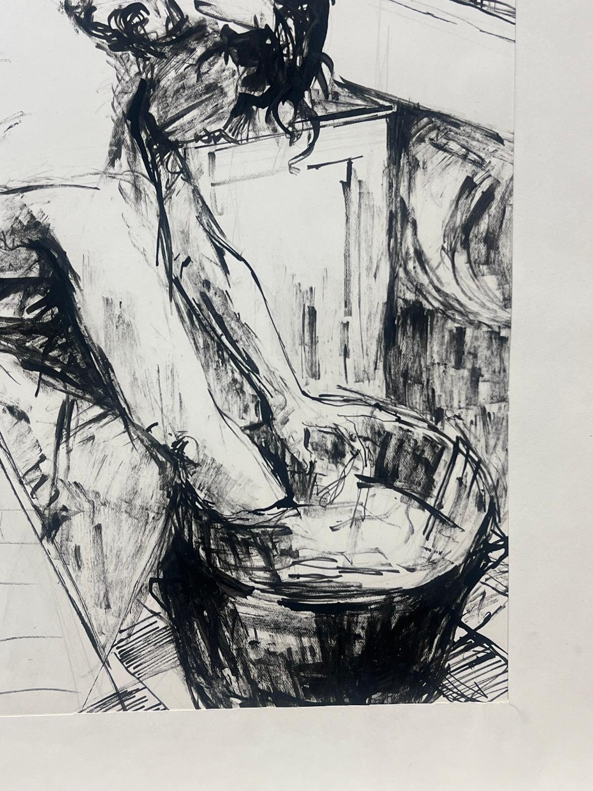 Dessin à l'encre français expressif des années 1950 représentant une femme au travail dans une scène domestique - Impressionnisme Painting par Josine Vignon
