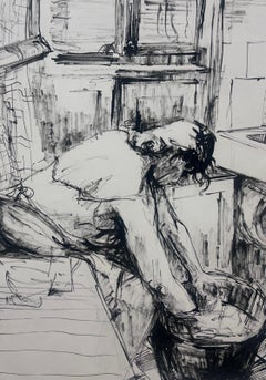 Disegno a inchiostro espressivo francese del 1950 di una donna al lavoro in una scena domestica