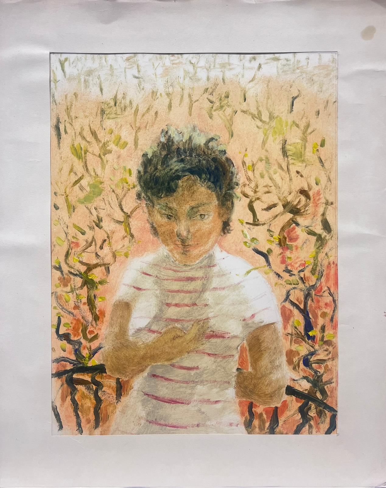 Französisches expressionistisches Porträt einer jungen Figur inmitten des abstrakten Laubs, 1950er Jahre – Painting von Josine Vignon