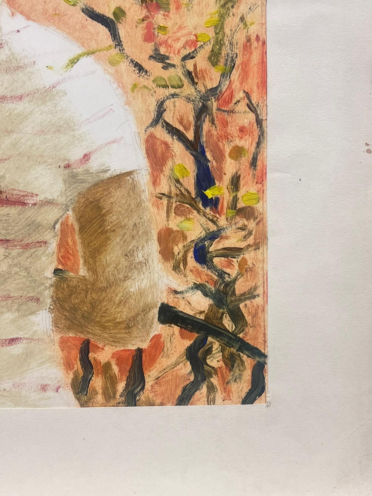 Französisches expressionistisches Porträt einer jungen Figur inmitten des abstrakten Laubs, 1950er Jahre (Impressionismus), Painting, von Josine Vignon