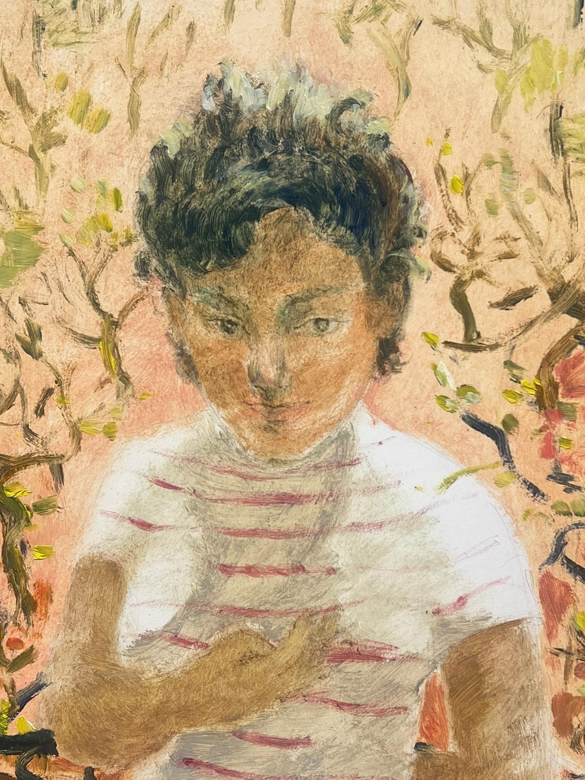 Französisches expressionistisches Porträt einer jungen Figur inmitten des abstrakten Laubs, 1950er Jahre (Beige), Portrait Painting, von Josine Vignon