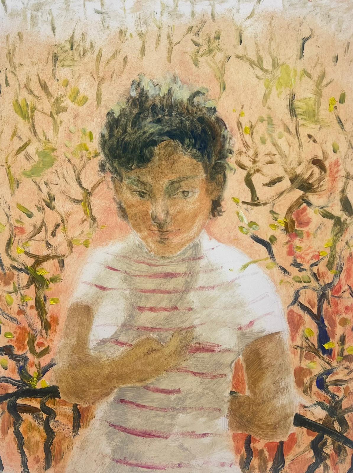 Josine Vignon Portrait Painting – Französisches expressionistisches Porträt einer jungen Figur inmitten des abstrakten Laubs, 1950er Jahre