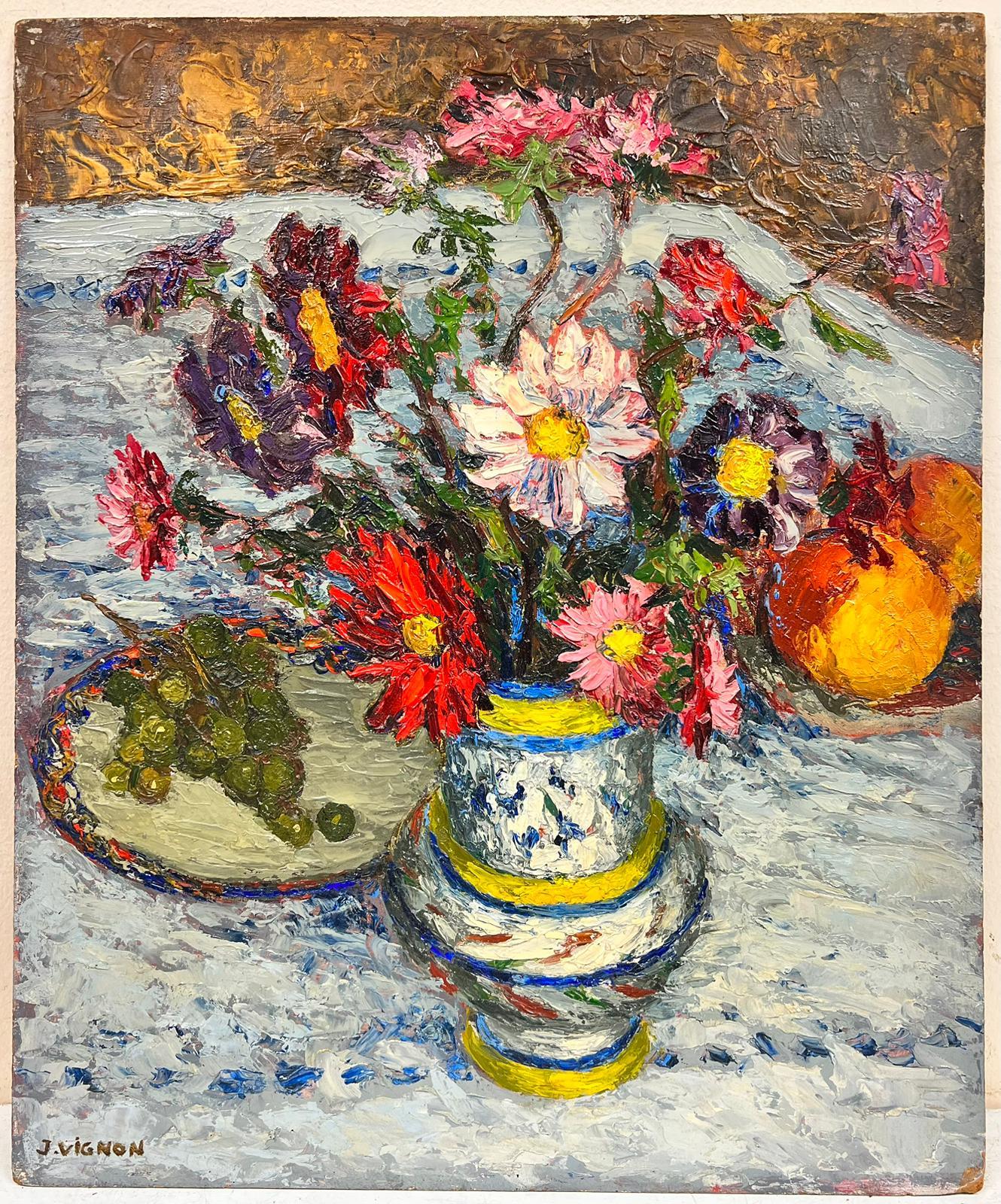 1950's French Floral Still Life Of Mixed Colorful Flowers In Vase - Painting by Josine Vignon