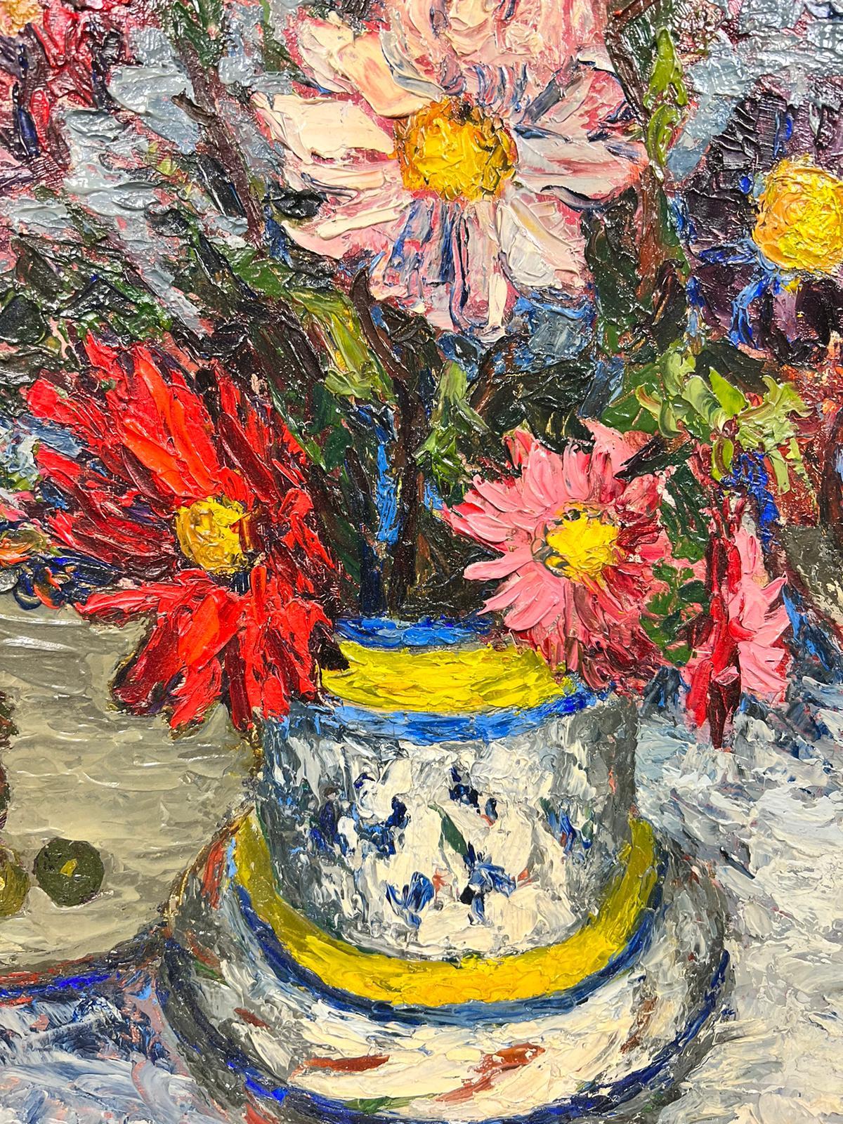 1950's French Floral Still Life Of Mixed Colorful Flowers In Vase For Sale 1