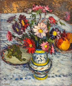 Vintage 1950's French Floral Still Life Of Mixed Colorful Flowers In Vase