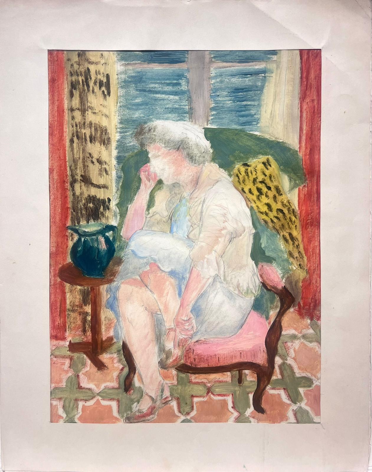 1950er Jahre Französische Innenraumszene Dame am Stuhl sitzend Fauvistische Farben – Painting von Josine Vignon